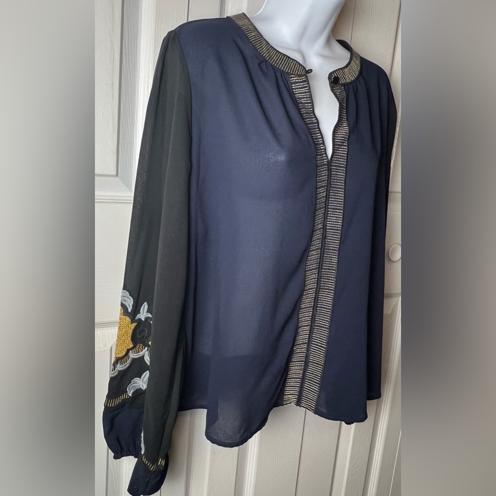 VANESSA VIRGINIA Embroidered Blouse Boho Black Blue Sheer Anthropologie Large - Picture 5 of 11